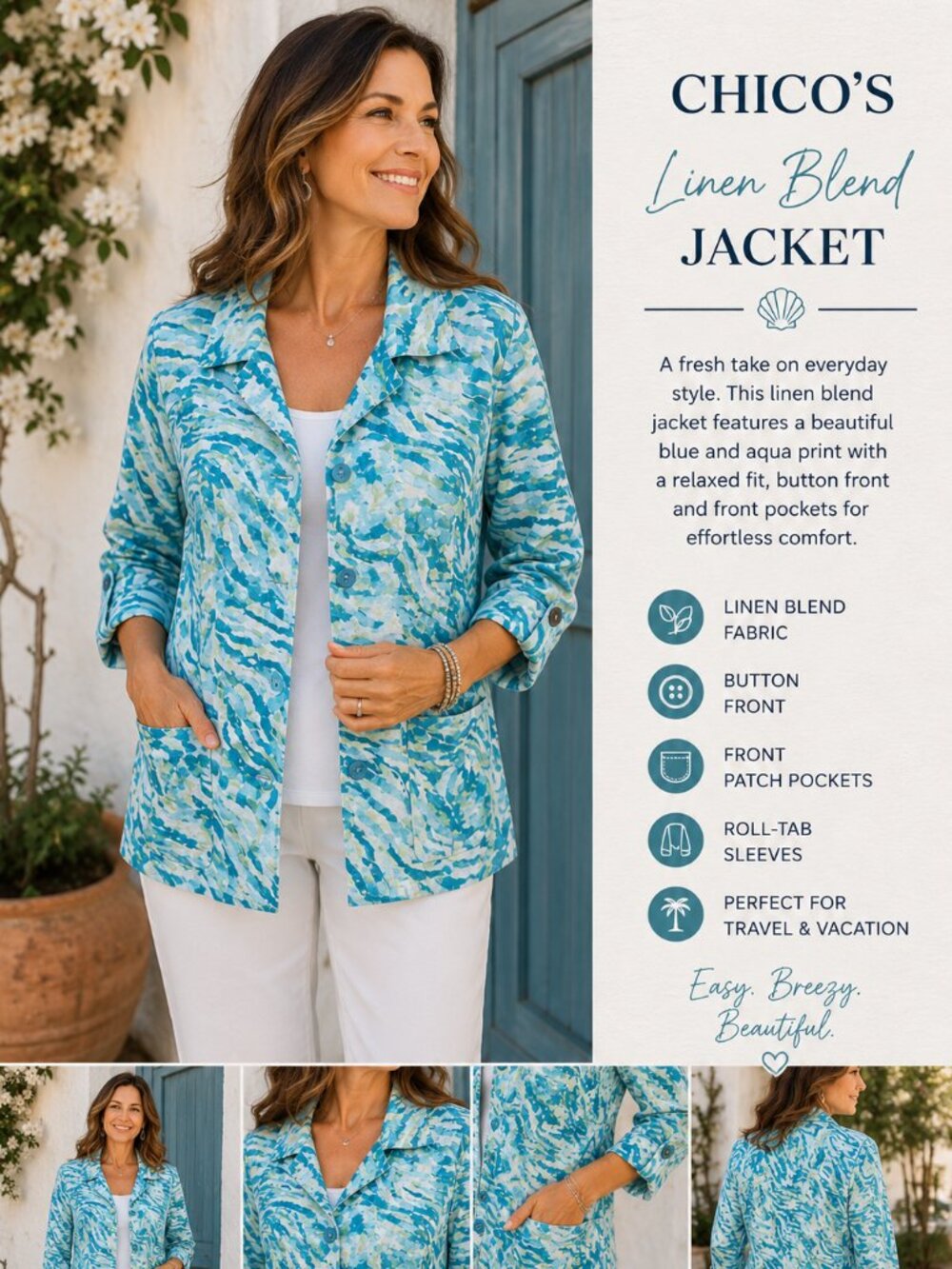 Chico's Linen Blend Jacket Size L Blue Aqua Print Button Front Relaxed Coastal
